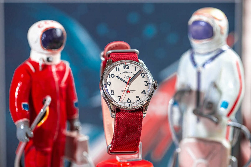 Sturmanskie Gagarin watch on a red strap.