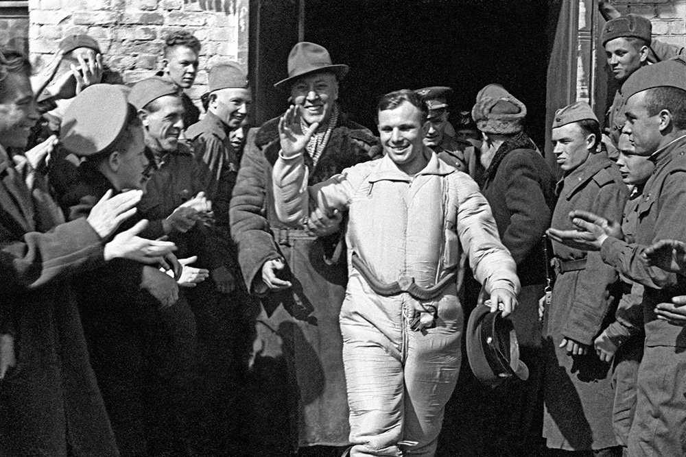 The first minutes after the landing. Gagarin in the air defense unit. Without his spacesuit, it is not visible whether he has a watch on his wrist.